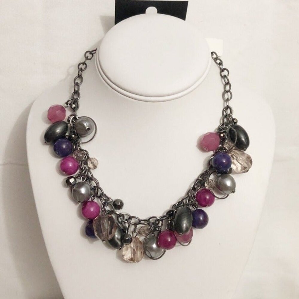 New York & Company Purple & Silver Beaded Gunmetal Chain Necklace NWT